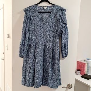 J. Crew Blue Floral Dress with ruffle shoulder. Worn once.